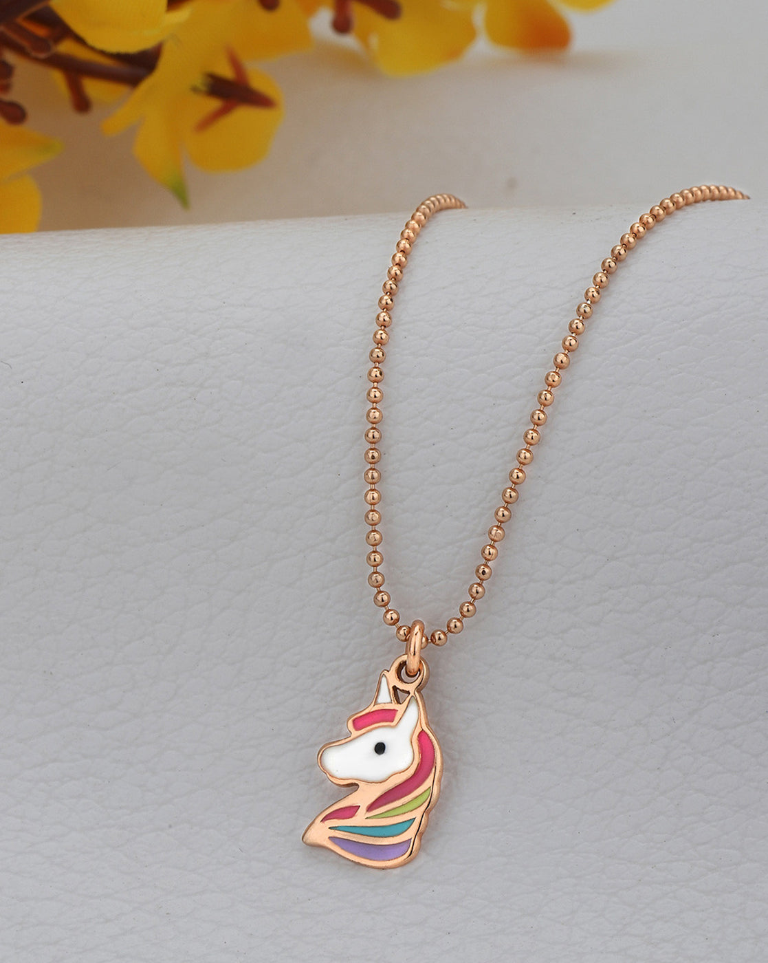 925 Sterlin Silver 18kt Rose Gold Plated Enamel Unicorn Pendant and Chain