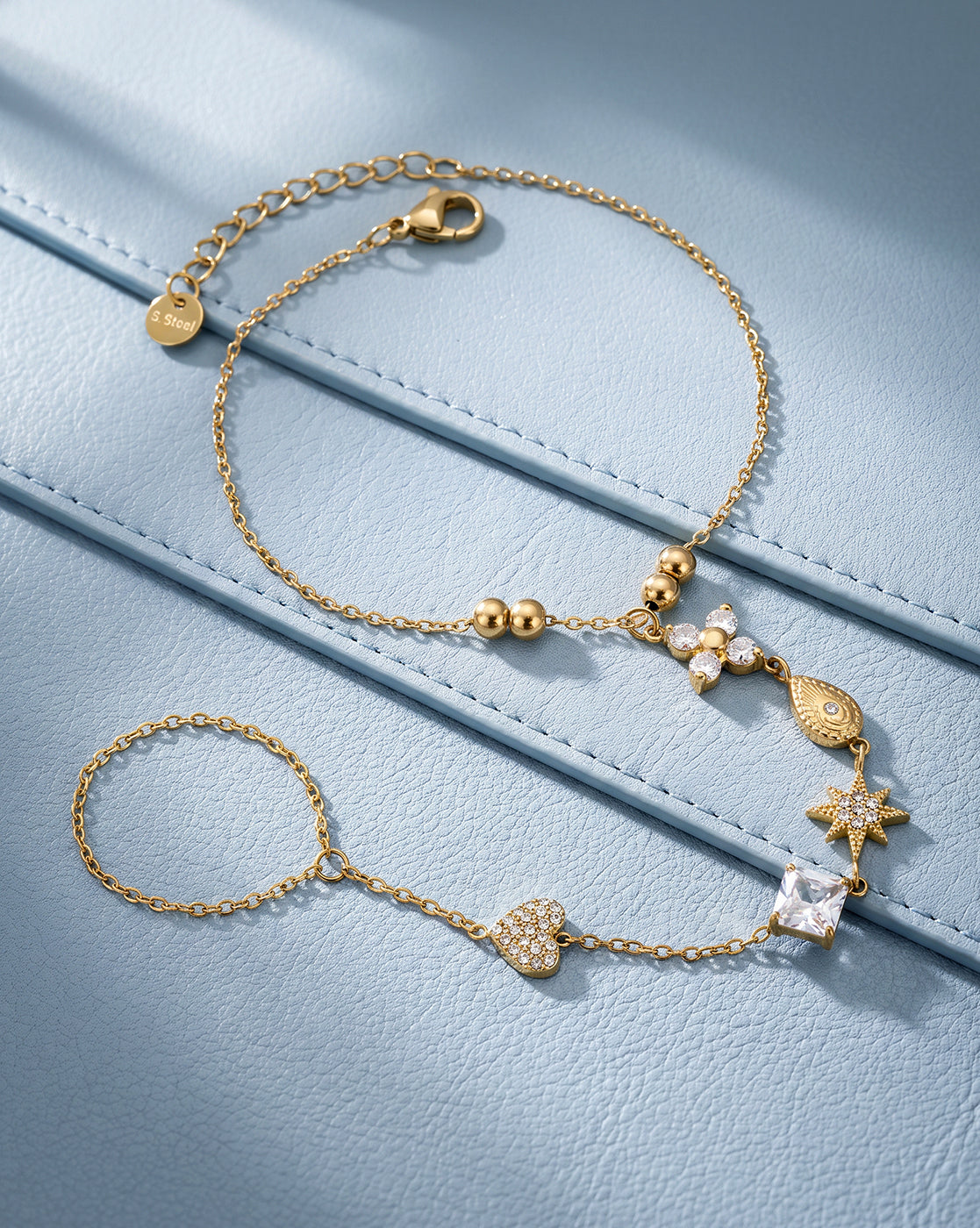 Premium Gold Plated CZ Studded Floral,Heart, Star,Tear Drop &amp; Cushion Solitaire Hand Chain Bracelet