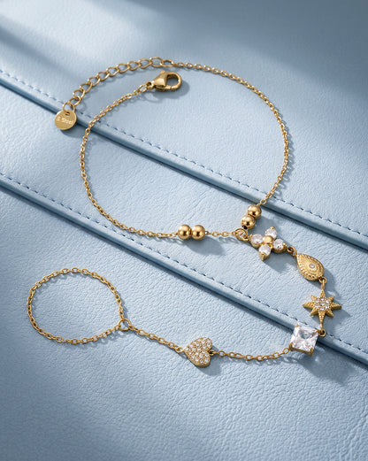Premium Gold Plated CZ Studded Floral,Heart, Star,Tear Drop &amp; Cushion Solitaire Hand Chain Bracelet