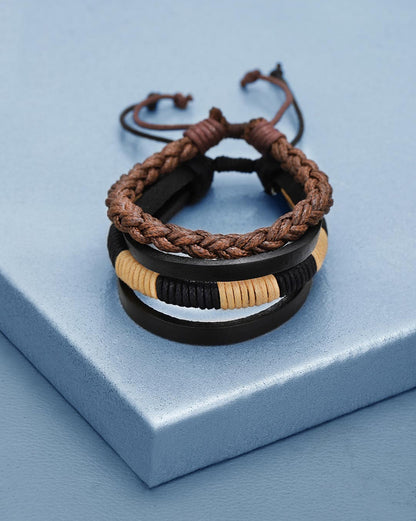 Men Set of 2 Bohemian Multistrand Adjustable Faux Leather Bracelet