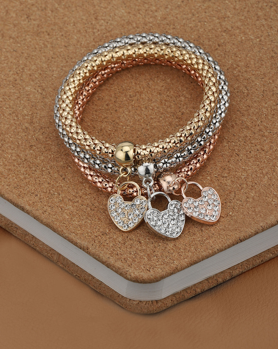 Tri-Tone Multi-Strand CZ Studded Heart Charm with Popcorn Chain Stretchable Bracelets