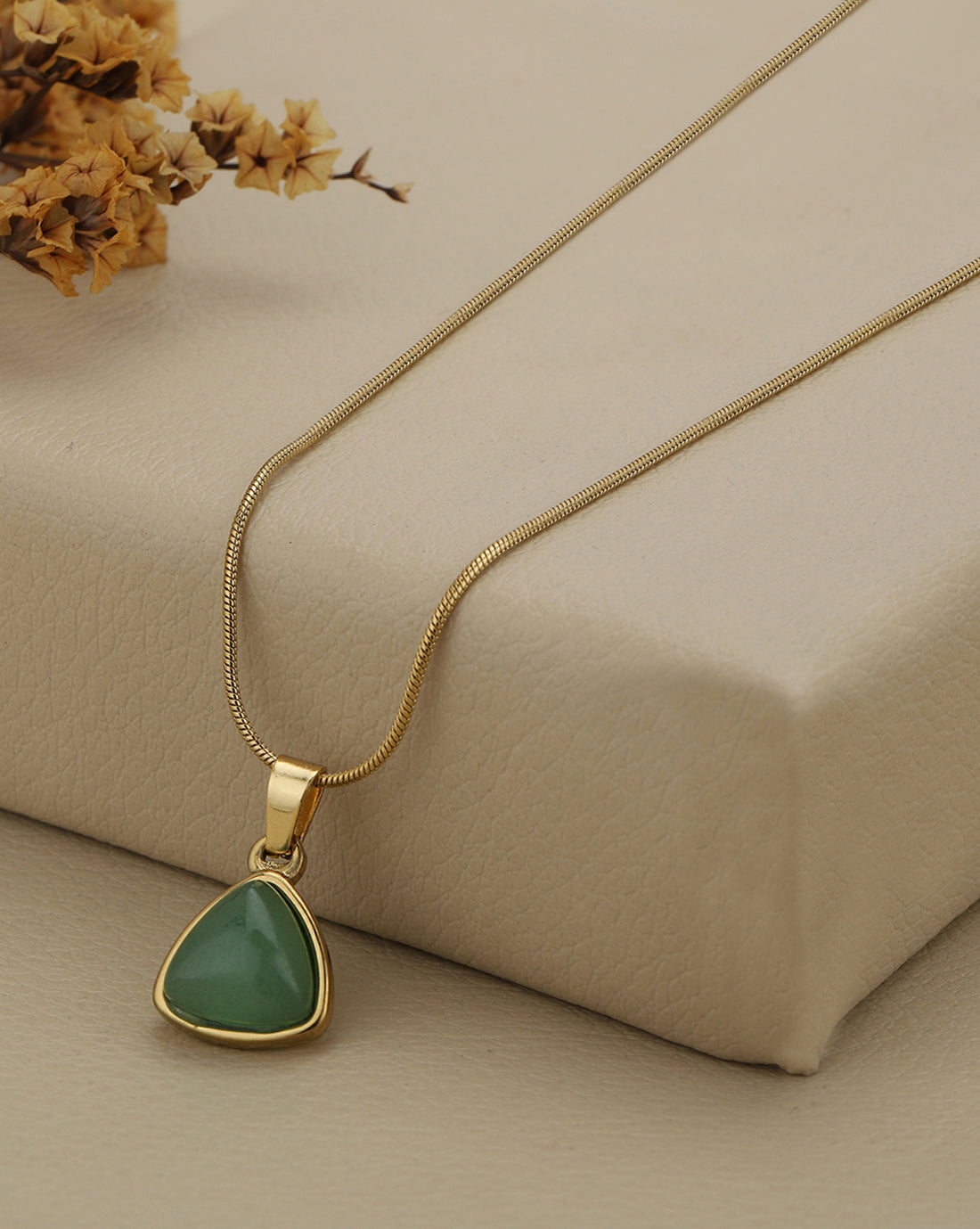 Gold Plated Elegant Triangular Green Opal-Look Pendant and Stainless Steel Chain