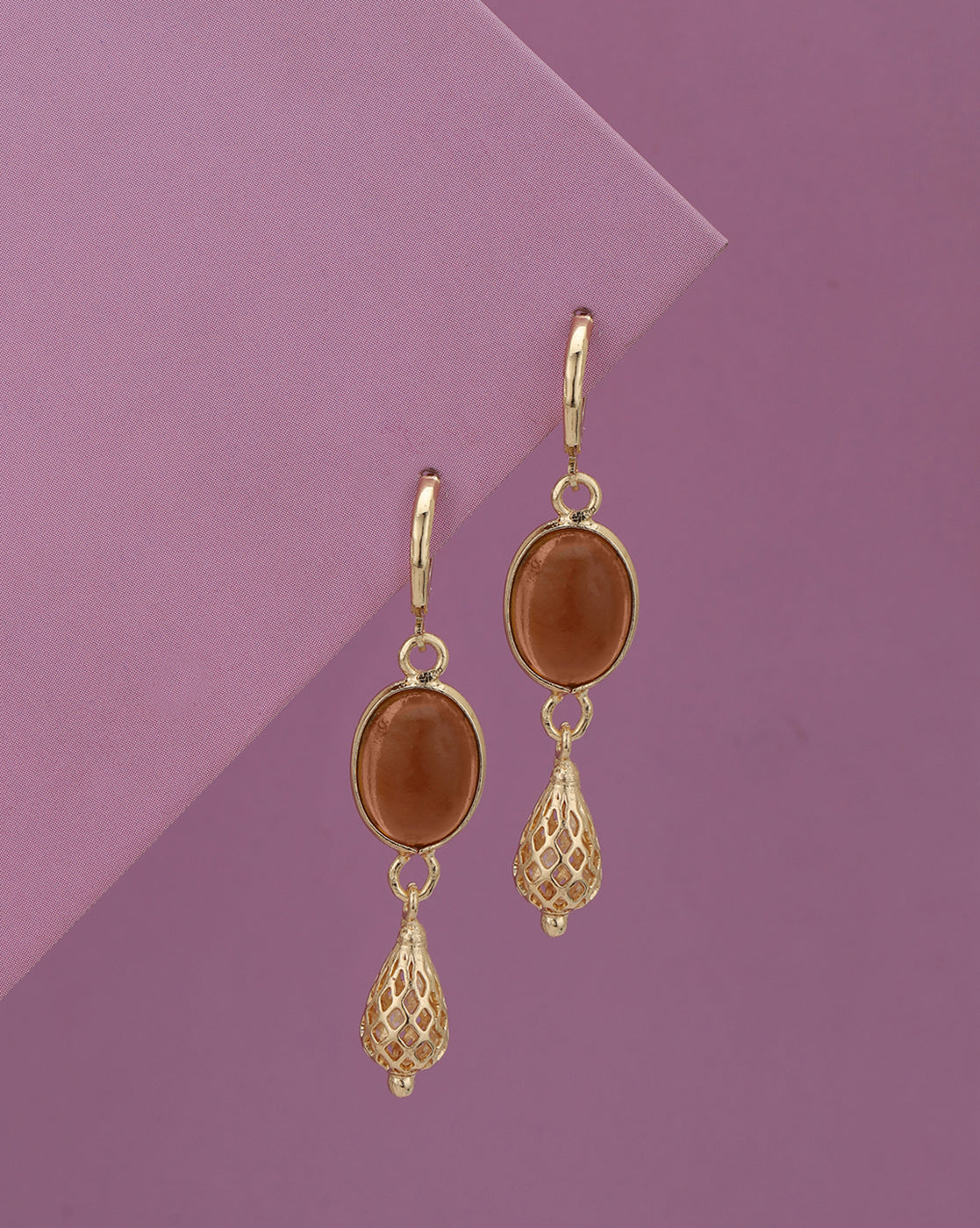 Gold Plated Elegant Oval Stone Filigree Drop Earrings