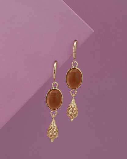 Gold Plated Elegant Oval Stone Filigree Drop Earrings