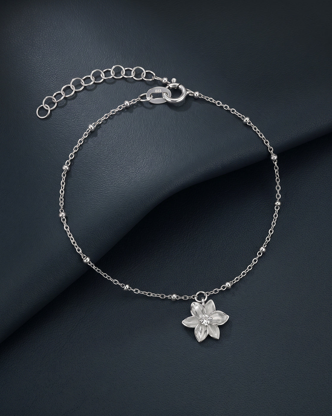 925 Sterling Silver Rhodium Plated CZ Floral Charm Adjustable Bracelet