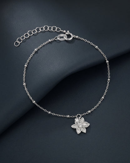 925 Sterling Silver Rhodium Plated CZ Floral Charm Adjustable Bracelet