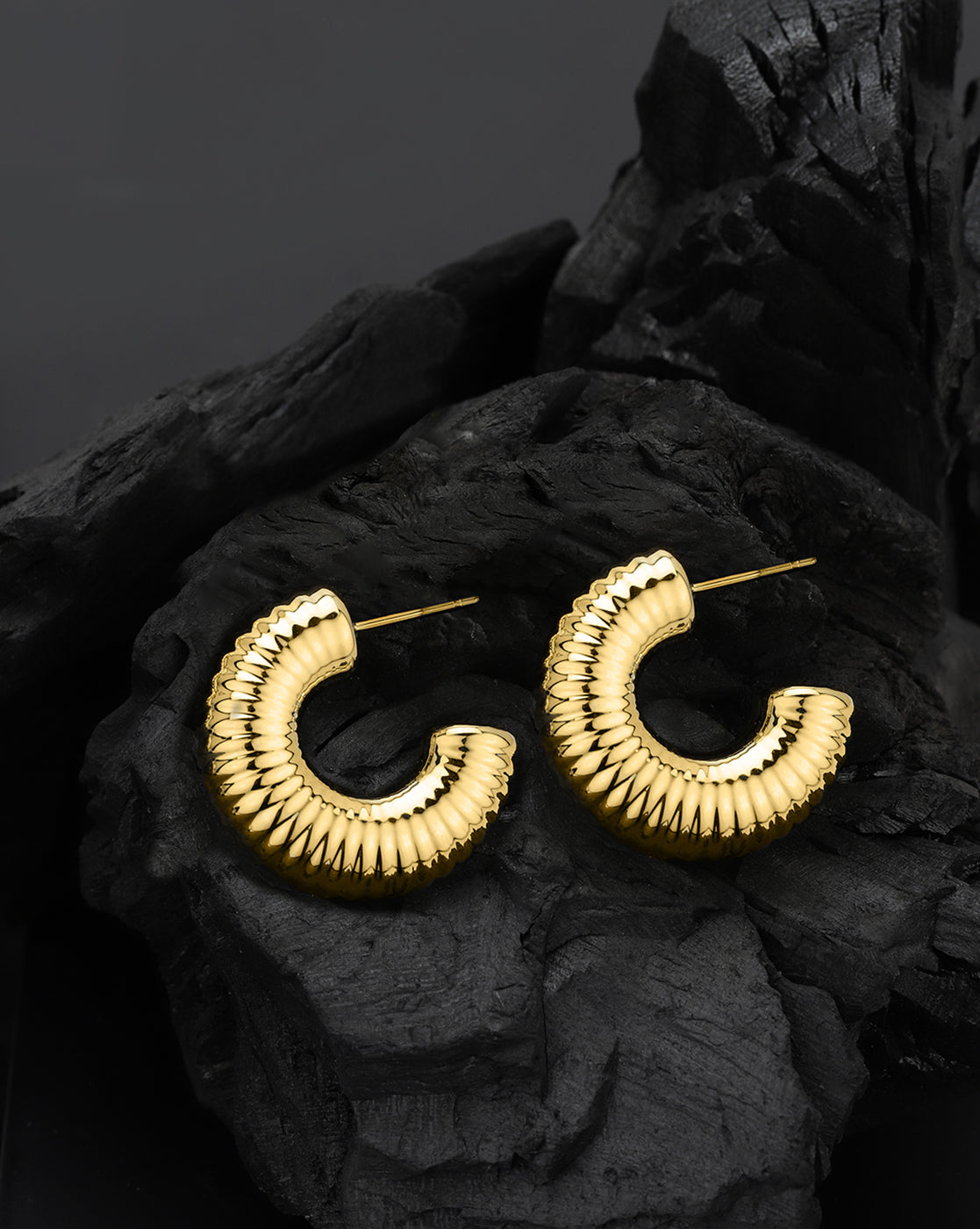Gold Plated Bold Fluted Textured Half Hoop Earring