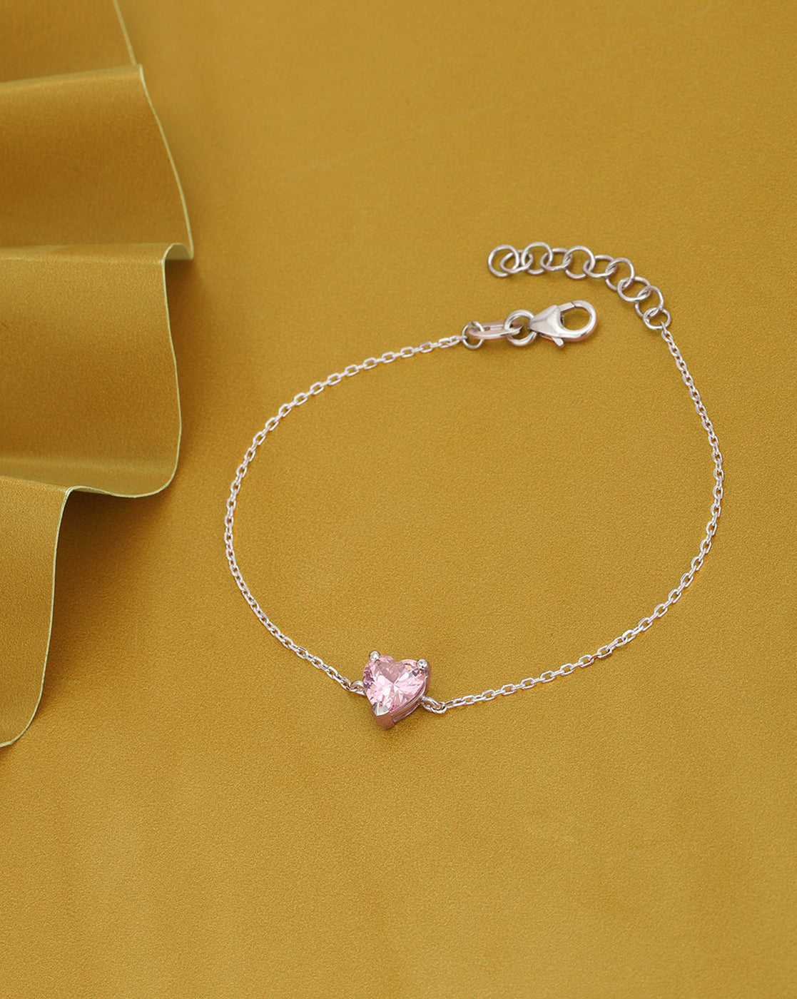 Rhodium Plated Petite Pink CZ Solitaire Heart Adjustable Chain Bracelet