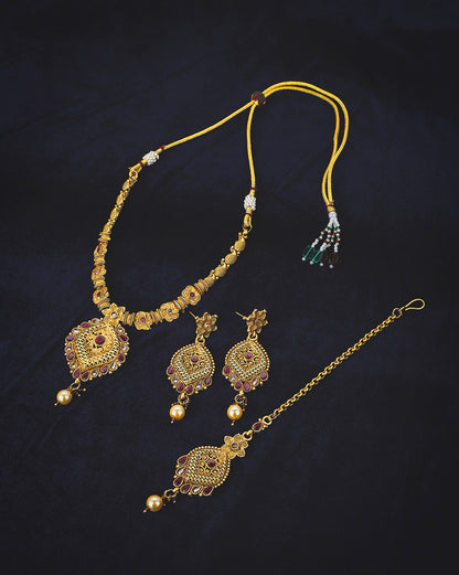 Gold Plated Festive CZ Filigree Necklace, Earring and Maang Tika Set
