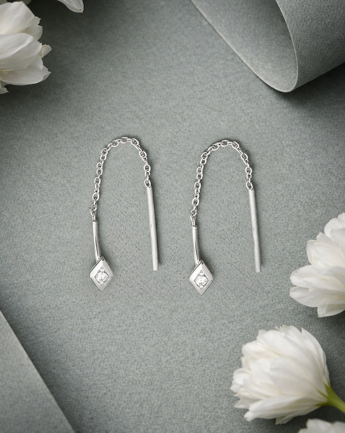 925 Sterling Silver Rhodium Plated CZ Threader Earring