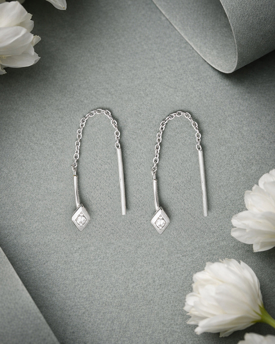 925 Sterling Silver Rhodium Plated CZ Threader Earring