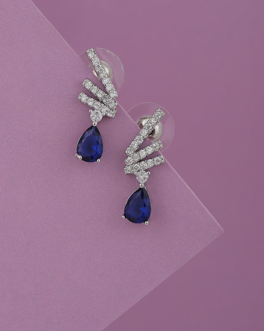 Silver Plated CZ Studded &amp; Sapphire Blue Solitaire Dangling Earring