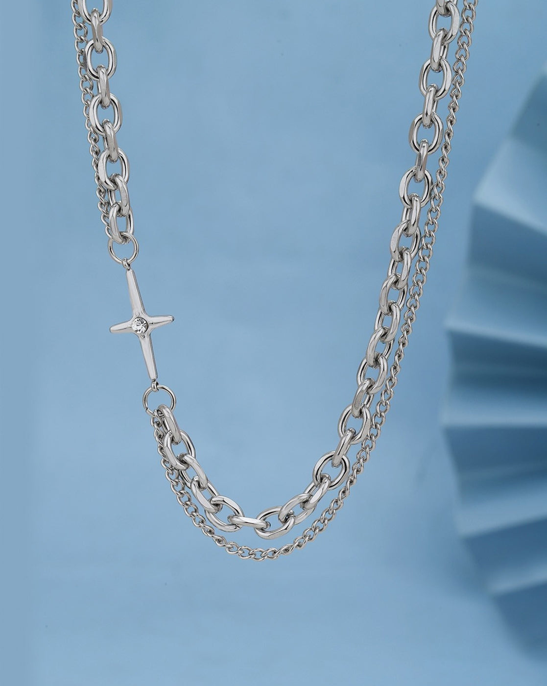 Men Silver Plated Stainless Steel CZ layered Necklace