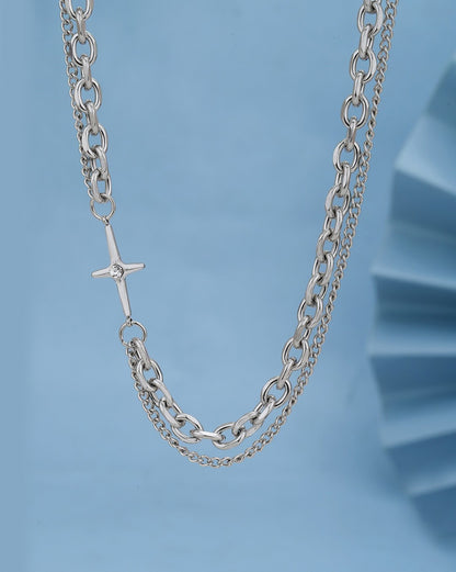 Men Silver Plated Stainless Steel CZ layered Necklace