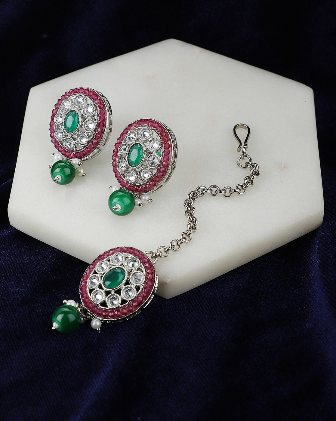 Silver Plated Emerald Green &amp; Ruby Pink Stone Maang Tikaa and Earring Set
