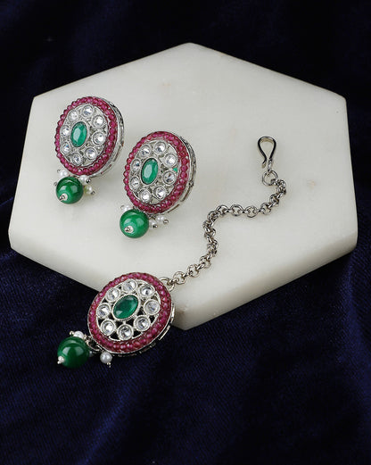 Silver Plated Emerald Green &amp; Ruby Pink Stone Maang Tikaa and Earring Set