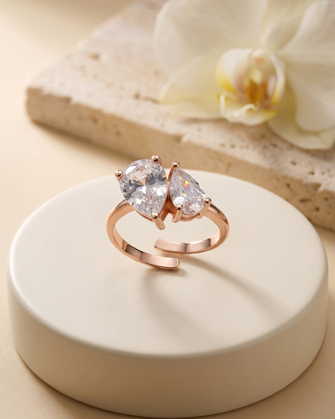 18Kt Rose Gold-Plated CZ Toi Et Moi Adjustable Ring