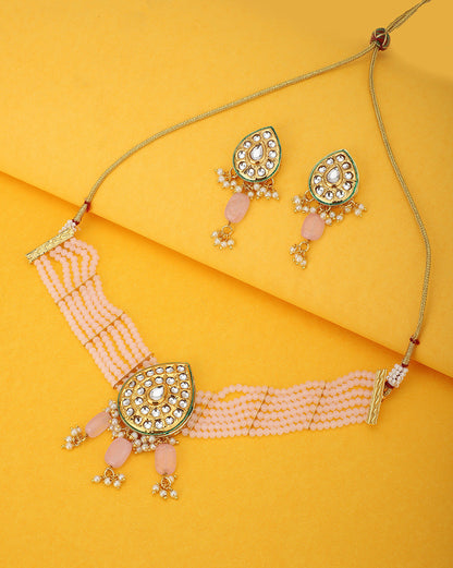 Gold-Plated Royal Pink Bead Kundan Choker Set