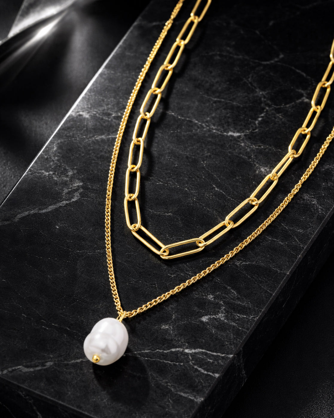 Gold Plated Modern Dangling Organic Pearl &amp; Paperclip Chain Layered Necklace