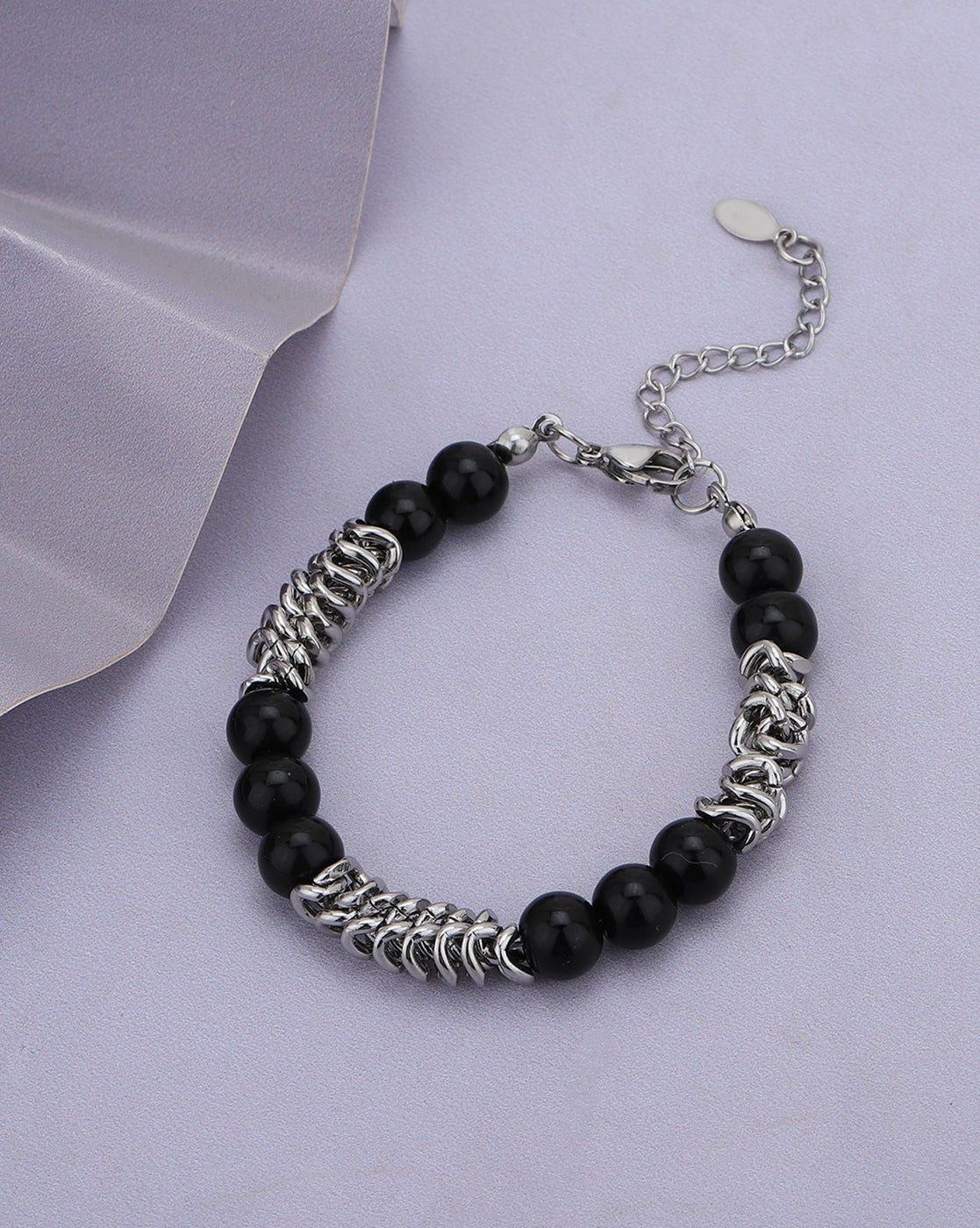 Men Silver Plate  Black Onyx  Bead  Adjustable Bracelet