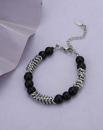 Men Silver Plate  Black Onyx  Bead  Adjustable Bracelet