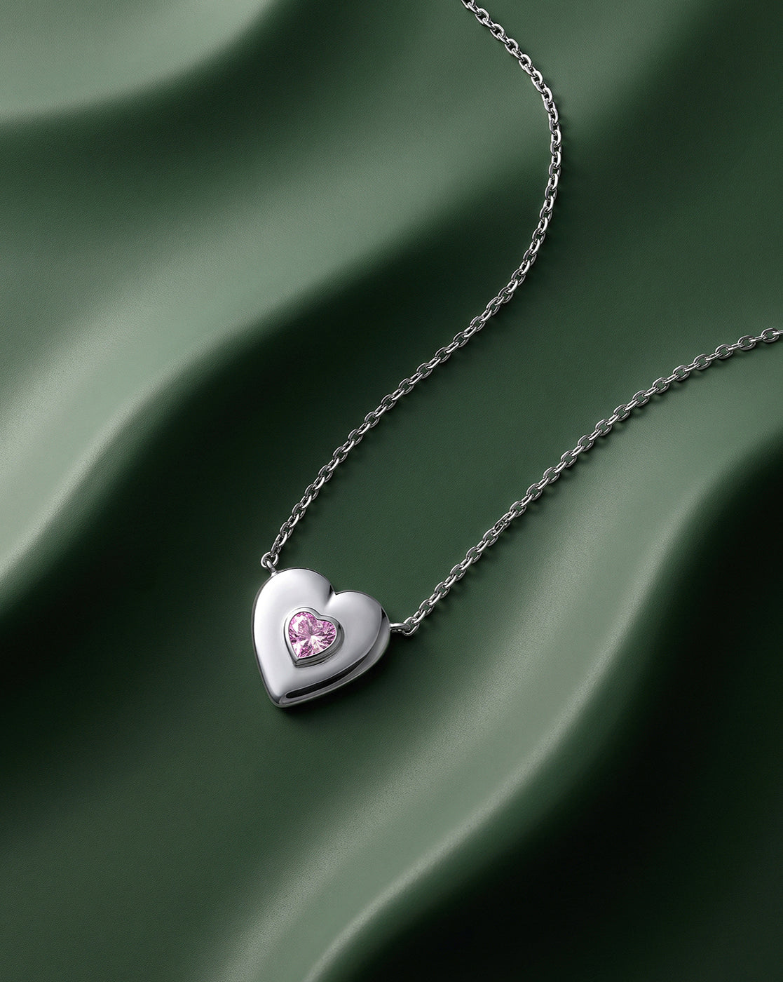 Rhodium Plated Solitaire Studded Heart Pendant and Chain Necklace