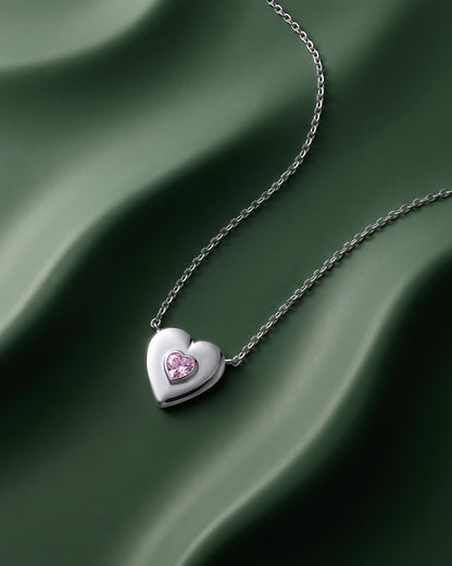 Rhodium Plated Solitaire Studded Heart Pendant and Chain Necklace