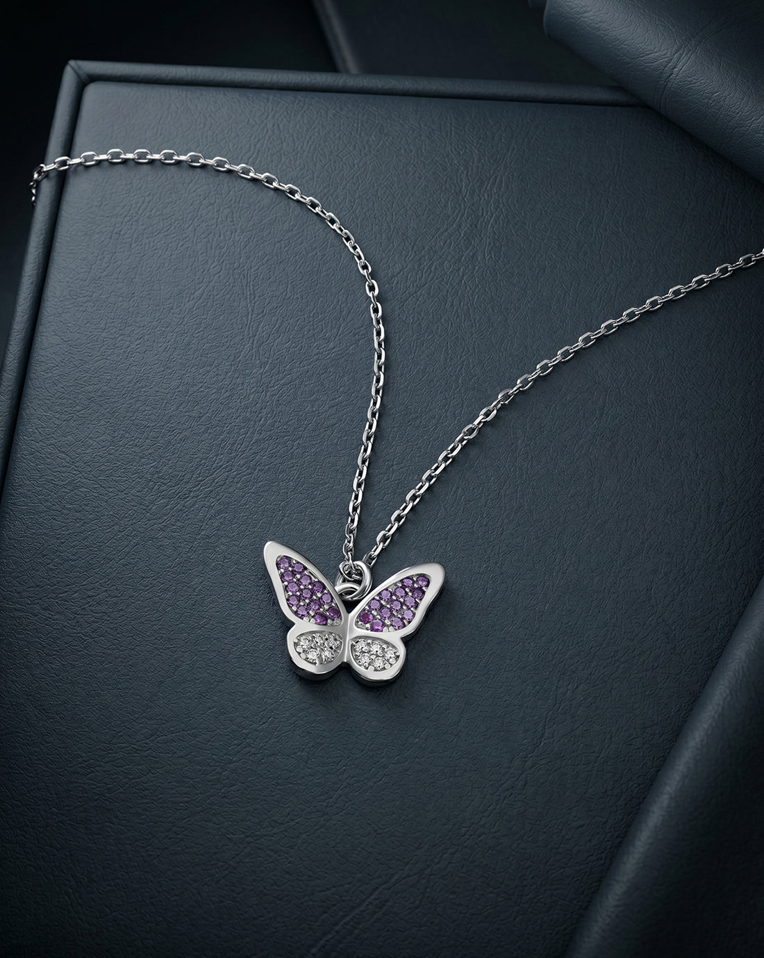Rhodium Plated Amethyst CZ Studded Butterfly Pendant and Chain Necklace