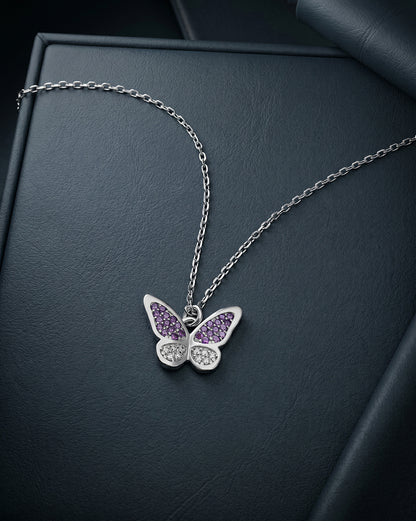 Rhodium Plated Amethyst CZ Studded Butterfly Pendant and Chain Necklace