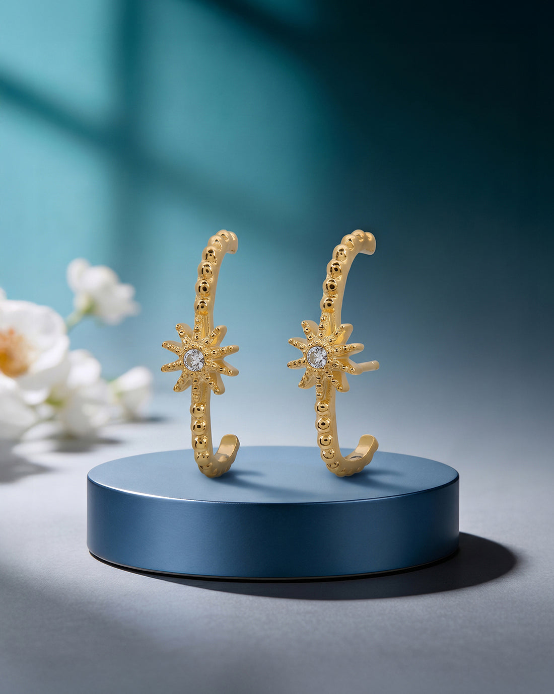 18kt Gold Plated CZ Sun Burst Ear Lobe Earring