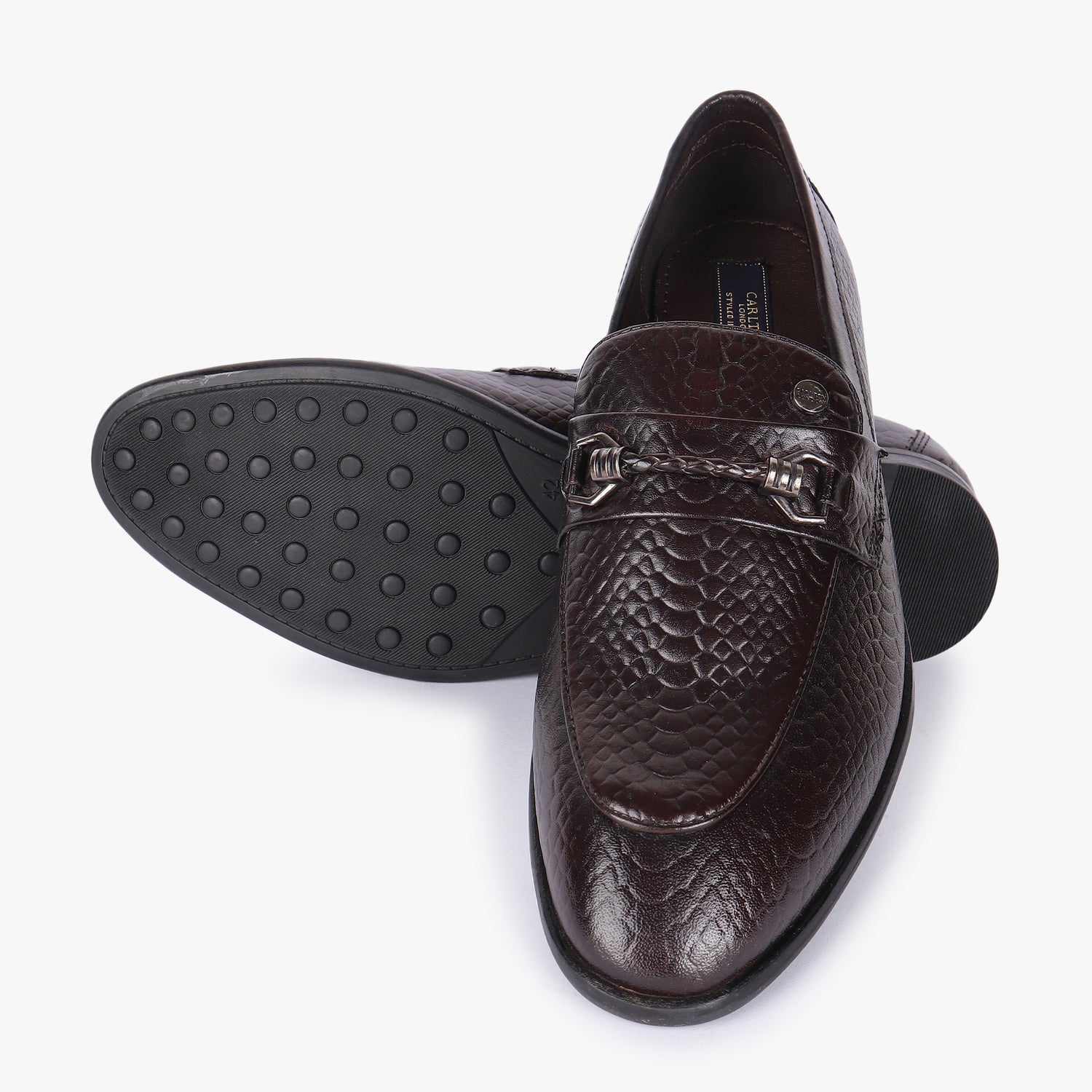 Men Dark Brown Snakeskin Leather Loafers