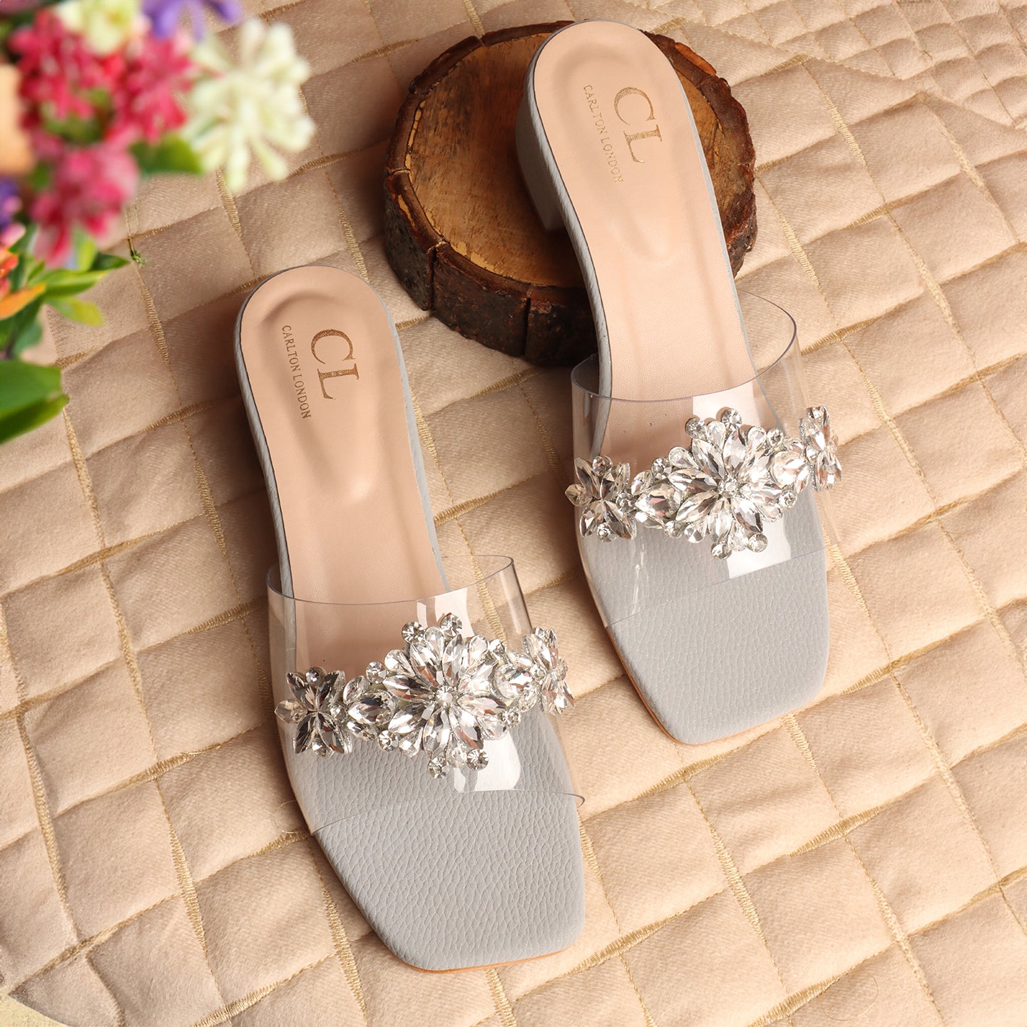 Women Embellished Block Heels Transparent Sandals