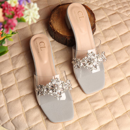 Women Embellished Block Heels Transparent Sandals