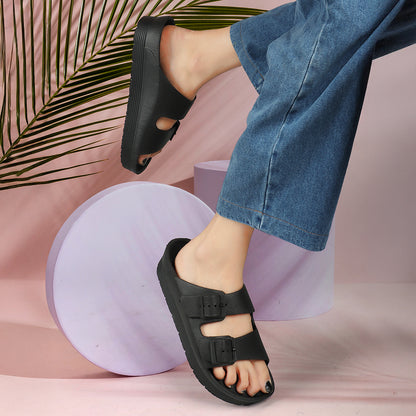 Women Solid Double Buckle Platform Slides