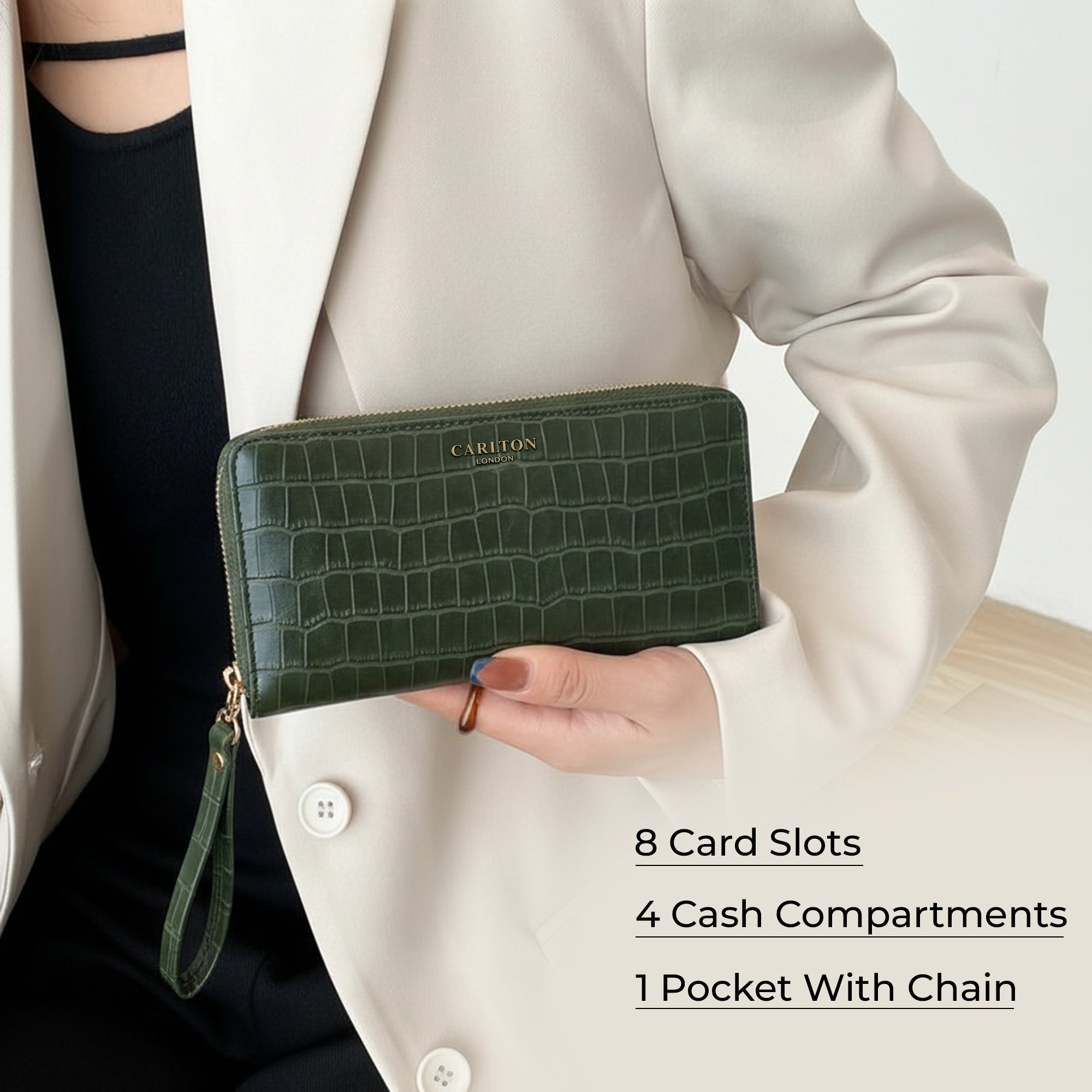 Carlton London Women Estelle Zip Around Textured Wallet with Gold Hardware
