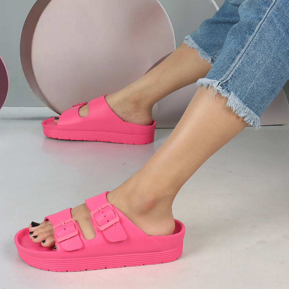 Women Solid Double Buckle Platform Slides