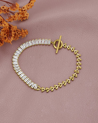 Gold Plated Fancy Half-n-Half Baguette CZ &amp; Fancy Link Chain Toggle Designer Bracelet