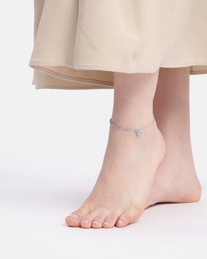 Rhodium Plated Double Chain Butterfly Charm Anklet