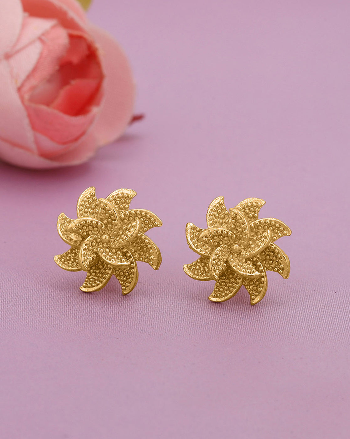 Gold-Plated Intricate Flower Textured Stud Earrings