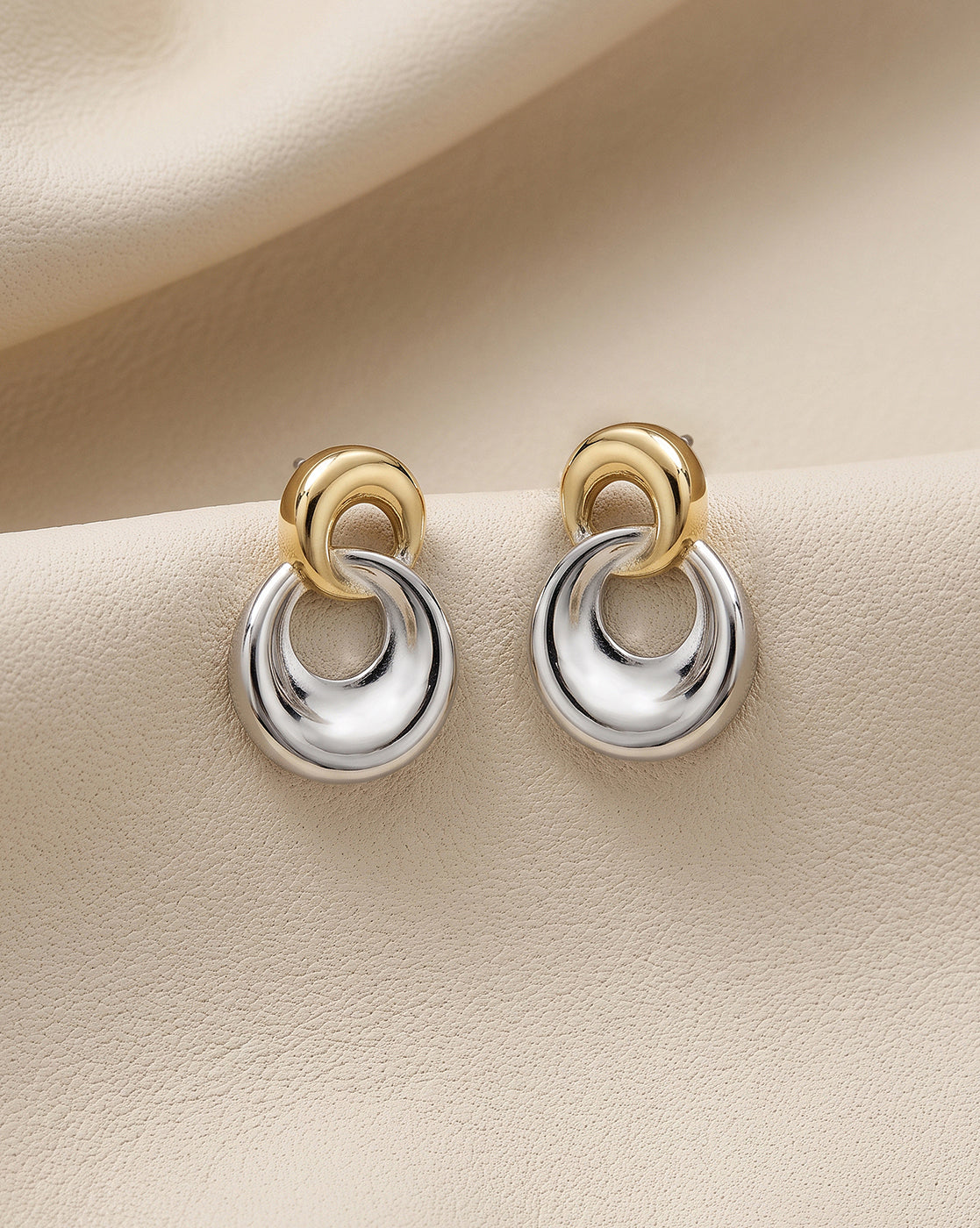 18kt Gold &amp; Rhodium Plated Double Circle Interlinked Drop Earring