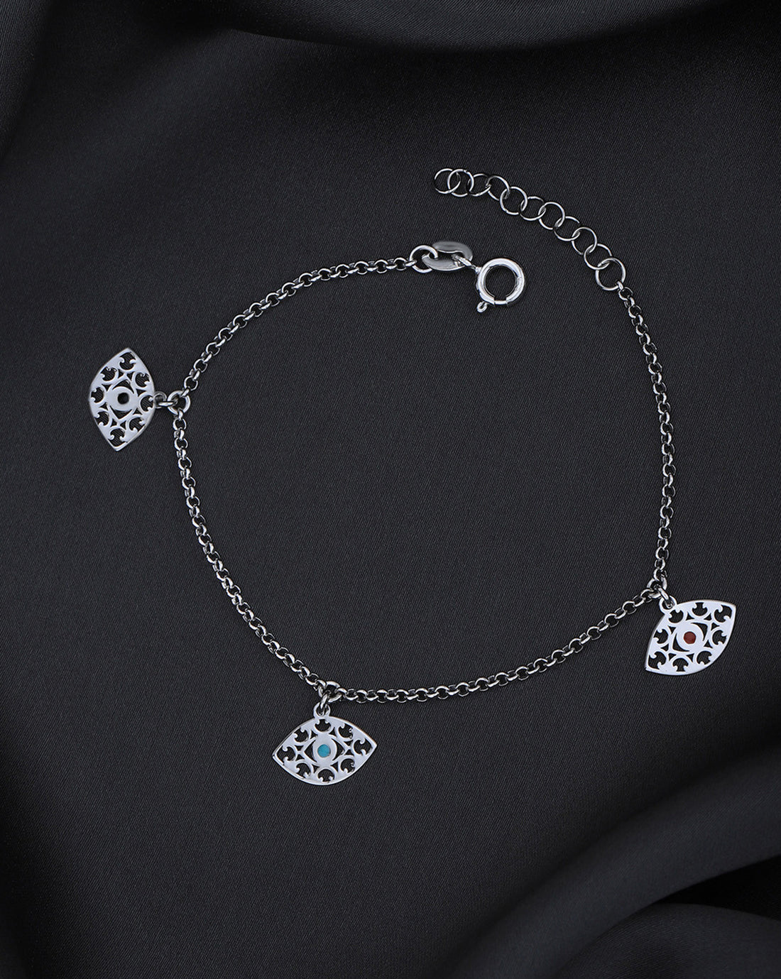 925 Sterling Silver Rhodium-Plated Enameled Evil Eye Charm Bracelet