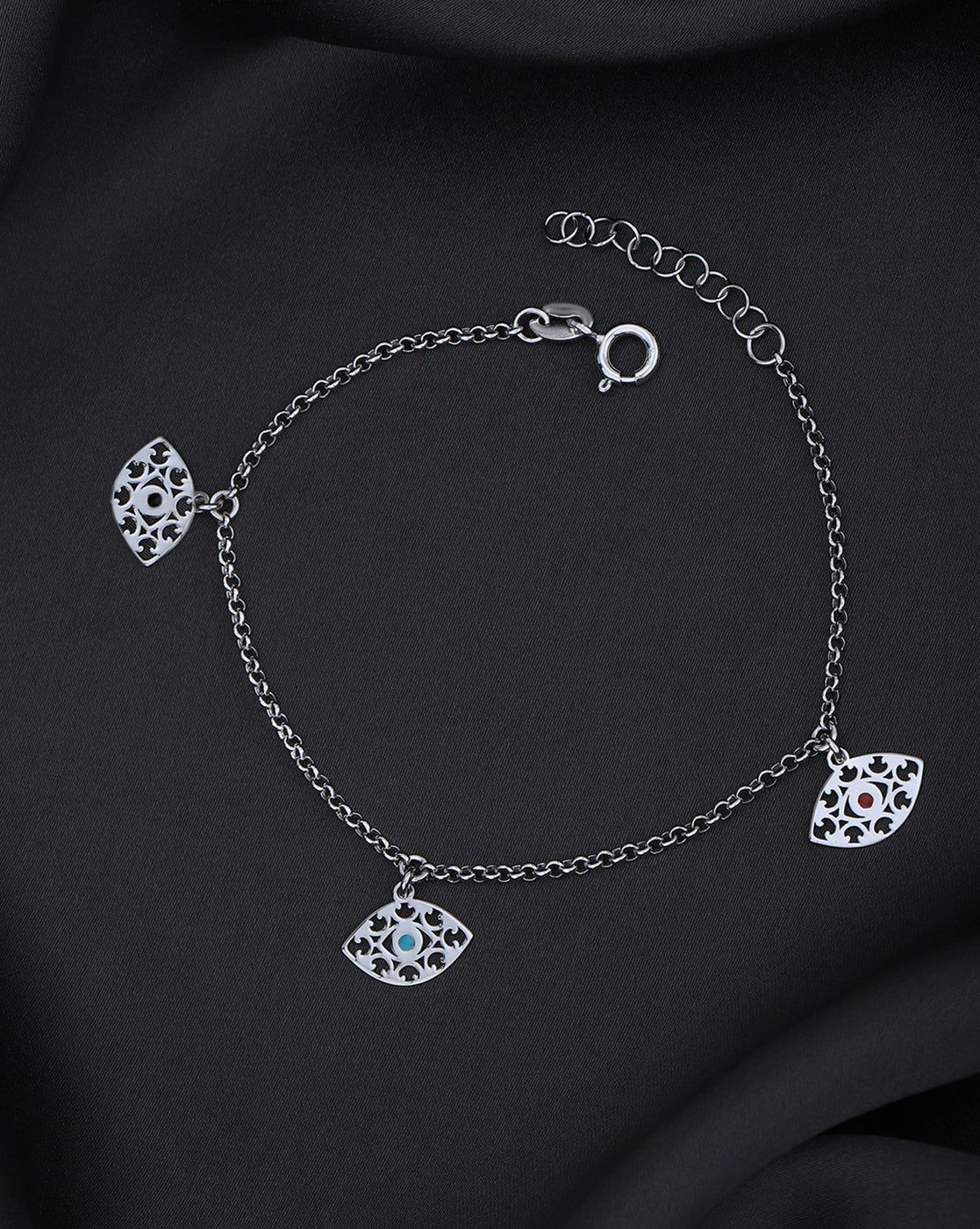 925 Sterling Silver Rhodium-Plated Enameled Evil Eye Charm Bracelet