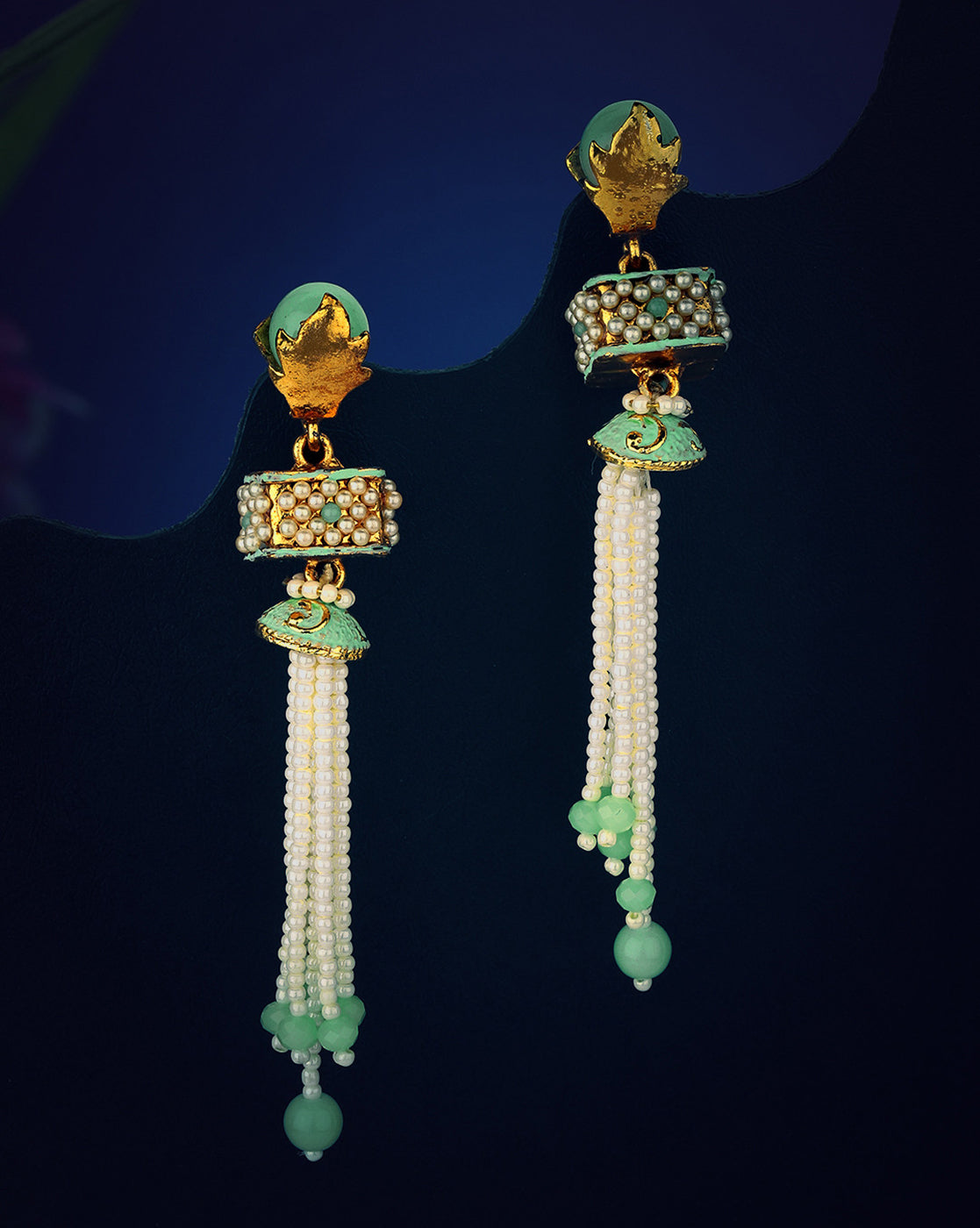Gold Plated Enamel Green Stone &amp; Pearl Tassel Drop Earring