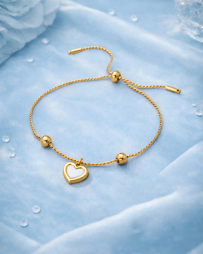 Double Sided Gold Plated Heart &amp; Faux Pearl Reversible Charm Adjustable Bracelet