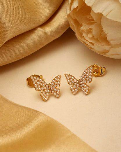 18kt Gold Plated Dainty Butterfly with Mini Pearl Stud Earring