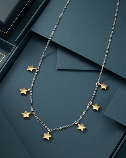 18kt Gold &amp; Rhodium Plated Dual Tone Dangling Star Charm Necklace