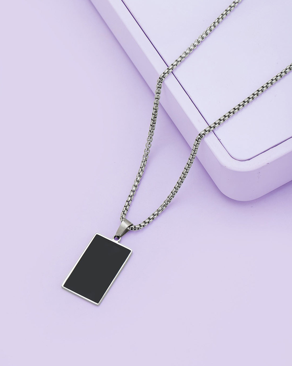 Men Stainless Steel Square Enamel Pendant and Chain