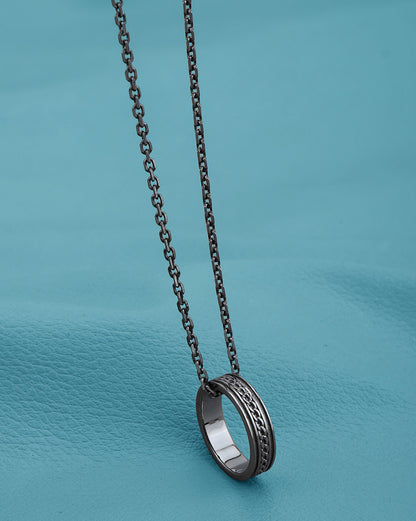 Men Silver Plated Oxidised Ring Pendant and Chain