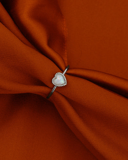 Silver Plated Classic Milky White Stone Adjustable Heart Ring