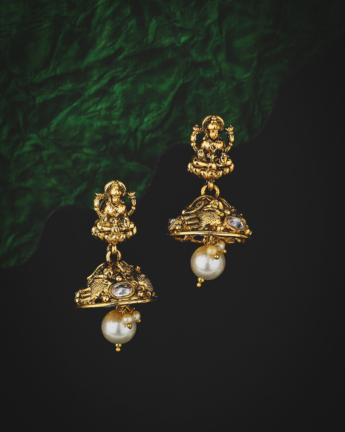 Gold Plated Temple and Laxmi Pearl Dome Jhumka Earring